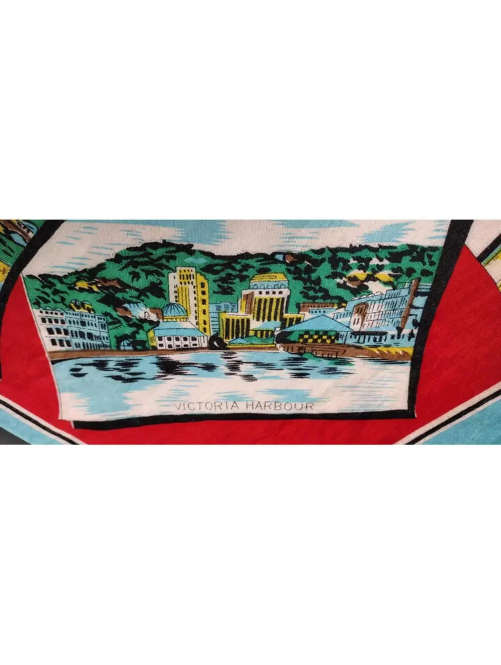 Vintage 1940s 50s Green Dragon Scarf HONG KONG Bably Blue Chinese Red Landscapes
